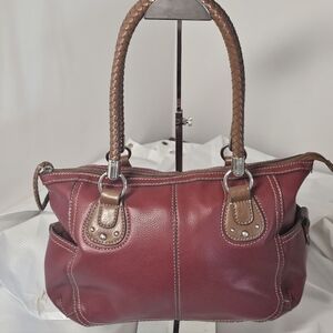Elegant Burgundy And Brown Leather Handbag By RELIC